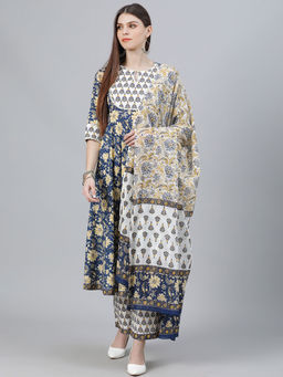Libas - Blue Floral Printed Kurta with Palazzo & Dupatta (Set of 3)