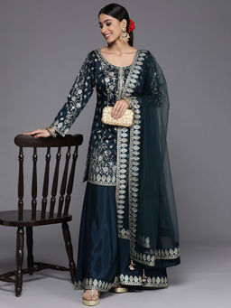 Libas - Teal Pure Silk Embroidered Kurti & Palazzo with Dupatta (Set of 3)