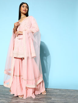 Libas Art - Pink Embroidered Peplum Kurti & Sharara with Dupatta (Set of 3)