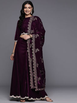 Libas - Wine Lace Detail Crop Top with Palazzo & Dupatta (Set of 3)