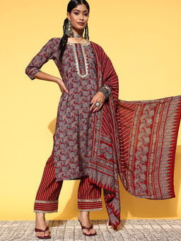 Libas - Maroon Floral Print Straight Kurta with Pant & Dupatta (Set of 3)