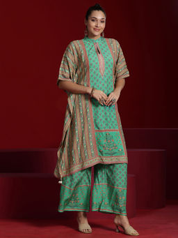 Libas Art - Green Floral Printed Kaftan Kurta with Palazzo (Set of 2)