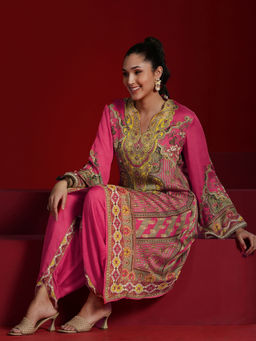 Libas Art - Pink Ethnic Motif Printed Kaftan Kurta with Solid Dhoti Pant (Set of 2)
