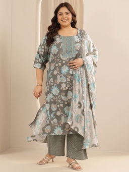 Extra love by Libas - Plus Size Grey Floral Straight Kurta with Pant & Dupatta (Set of 3)