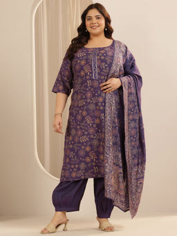 Extra love by Libas - Plus Size Women Purple Floral Straight Kurta with Salwar & Dupatta (Set of 3)