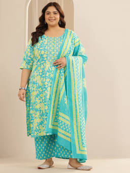 Extra love by Libas - Plus Size Women Blue Floral Straight Kurta with Pant & Dupatta (Set of 3)