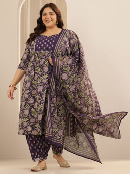 Extra love by Libas - Plus Size Women Purple Floral Straight Kurta with Salwar & Dupatta (Set of 3)