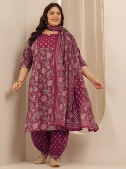 Extra love by Libas - Plus Size Wine Floral Straight Kurta with Salwar & Dupatta (Set of 3)