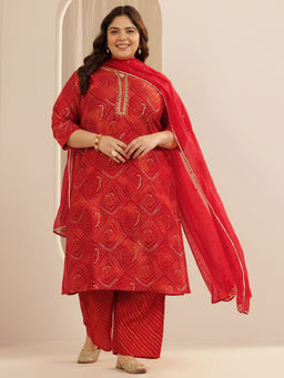 Extra love by Libas - Plus Size Red Bandhani Straight Kurta with Pant & Dupatta (Set of 3)