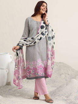 Libas - Off White Polka Dot Printed Straight Kurta with Palazzo & Dupatta (Set of 3)