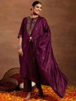 Gerua By Libas - Purple Silk Blend Embroidered Straight Kurta & Pant with Dupatta (Set of 3)