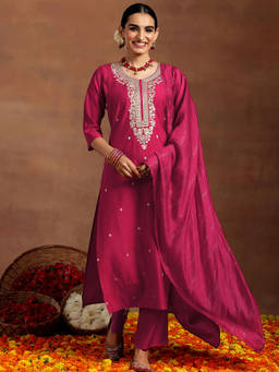 Gerua By Libas - Pink Silk Blend Embroidered Straight Kurta & Salwar with Dupatta (Set of 3)