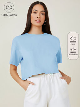 KOTTY - Womens Blue Solid Cotton Blend Oversized Crop T-Shirt