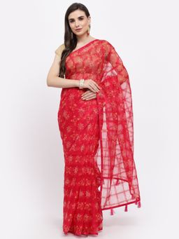 KISHORI - Women Floral & Geometric Print Organza Saree & Blouse Pink with Unstitched