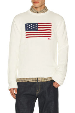 POLO RALPH LAUREN - Long Sleeve Roving Cotton USA Flag Crewneck Sweater