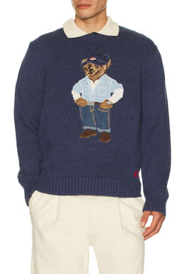 POLO RALPH LAUREN - Long Sleeve Cotton Linen Novelty Denim Bear Crewneck Sweater