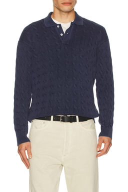 POLO RALPH LAUREN - Long Sleeve Garment Dyed Cable Knit Polo Sweater