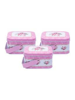 Voncasa - Storage Box for Home & Kitchen Floral Design Pink Tin Set of 3
