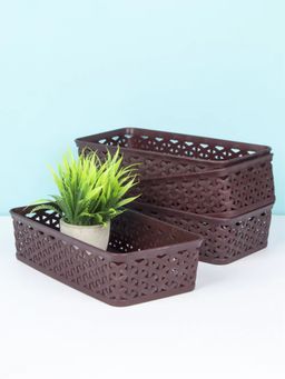 Voncasa - Medium Plastic Multipurpose Storage Basket Set of 4 Solid Brown Colour