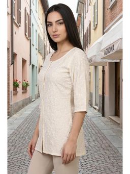 Aurelia - Women Off White Thread Embroidered Shantung Straight Tunic