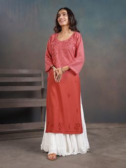 Colorkosh - Peach Ombre Viscos rayon Chikankari Embroidered Stylish Kurta