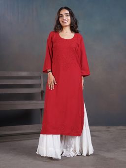 Colorkosh - Red Viscos rayon Chikankari Embroidered Stylish Kurta