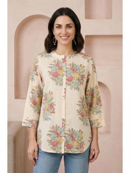 Folksong - Women Beige Block Floral Printed Pure Cotton Straight Tunic