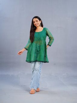 Colorkosh - Deep Green Kota Doriya Chikankari Embroidered Stylish Kurti