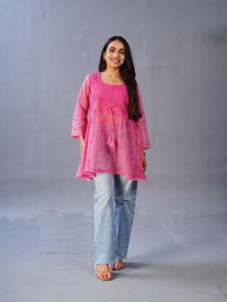 Colorkosh - Pink Kota Doriya Chikankari Embroidered Stylish Kurti