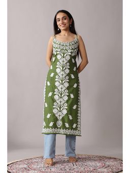 Colorkosh - Green Cotton Chikankari Embroidered Stylish Kurti