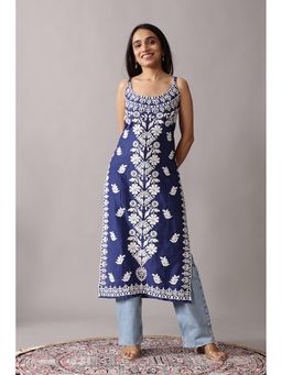 Colorkosh - Navy Blue Cotton Chikankari Embroidered Stylish Kurti