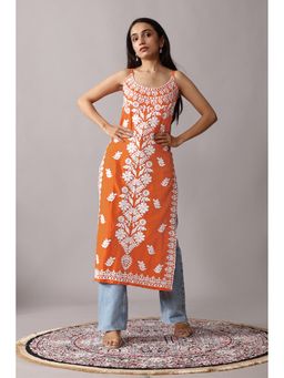 Colorkosh - Orange Cotton Chikankari Embroidered Stylish Kurti