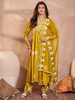 Vaamsi - Women Mustard Embroidered A-Line Kurta Pant With Dupatta