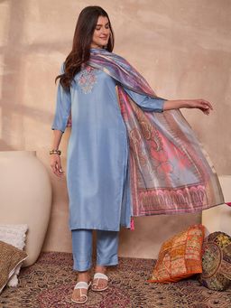Vaamsi - Women Blue Mirror Work Straight Kurta Pant With Dupatta