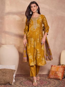Vaamsi - Women Mustard Silk Blend Floral Printed Straight Kurta Pant With Dupatta