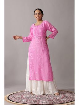 Colorkosh - Baby Pink Georgette Chikankari Embroidered Stylish Kurta With Sharara