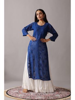 Colorkosh - Navy Blue Georgette Chikankari Embroidered Stylish Kurta With Sharara