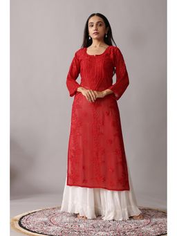 Colorkosh - Red Georgette Chikankari Embroidered Stylish Kurta With Sharara
