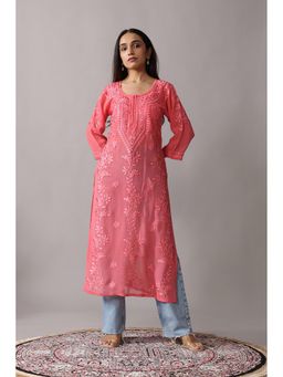 Colorkosh - Pink Georgette Chikankari Embroidered Stylish Kurta With Pant