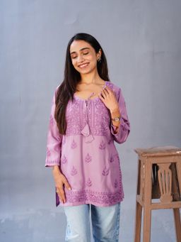 Colorkosh - Dusty Purple Rayon chikankari Embroidered Stylish Kurti