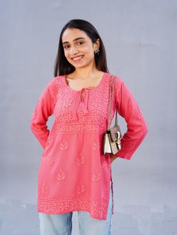 Colorkosh - Mauve Pink Rayon chikankari Embroidered Stylish Kurti