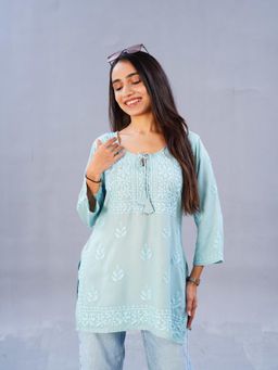 Colorkosh - Mint Green Rayon chikankari Embroidered Stylish Kurti