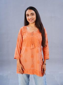Colorkosh - Orange Rayon chikankari Embroidered Stylish Kurti
