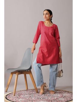Colorkosh - Orangish Pink Cotton Chikankari Embroidered Stylish Kurti