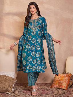 Vaamsi - Women Blue Cotton Blend Floral Printed Straight Kurta Pant With Dupatta