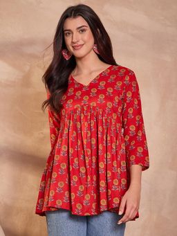 Vaamsi - Ahika Women Cotton Blend Red Floral Regular Tunic