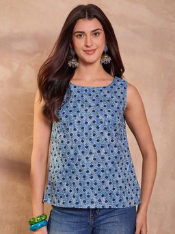 Vaamsi - Women Cotton Blend Blue Floral Regular Top