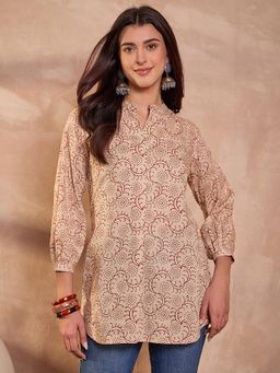 Vaamsi - Ahika Women Cotton Beige Ethnic Motifs Regular Tunic