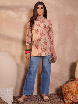 Vaamsi - Ahika Women Silk Blend Pink Floral Regular Tunic