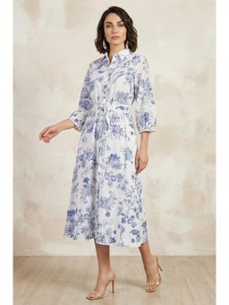 W - Pure Cotton White Collar Neck Floral Dress With belt